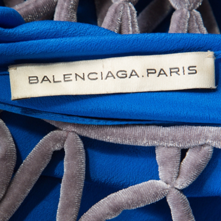 Pre Owned Balenciaga Blue Contrast Criss Cross Velvet Overlay Top L
