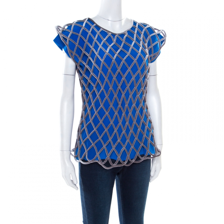 Pre Owned Balenciaga Blue Contrast Criss Cross Velvet Overlay Top L