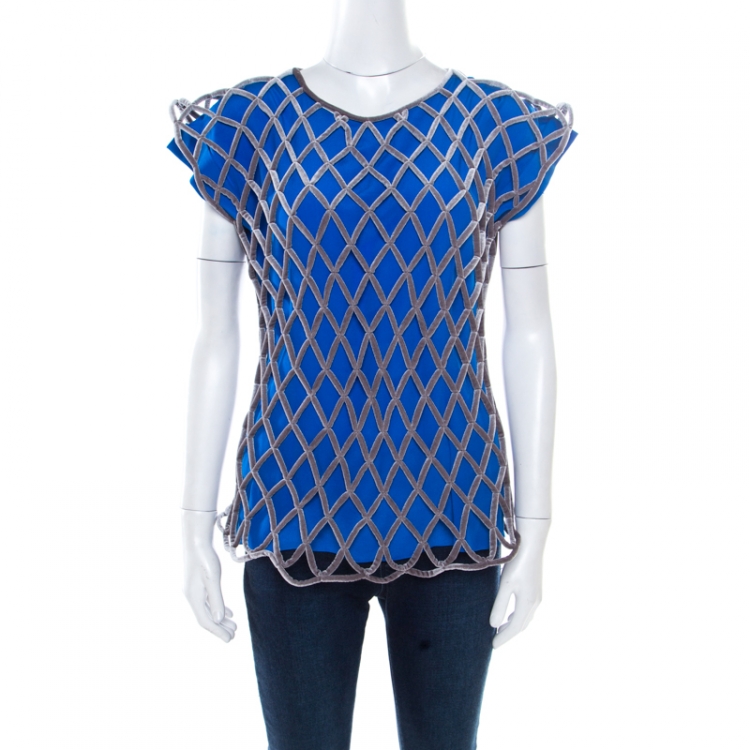 Pre Owned Balenciaga Blue Contrast Criss Cross Velvet Overlay Top L