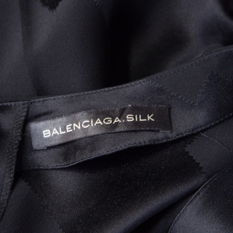 Pre Owned Balenciaga Black Silk Zig Zag Patterned Pleated Dress M