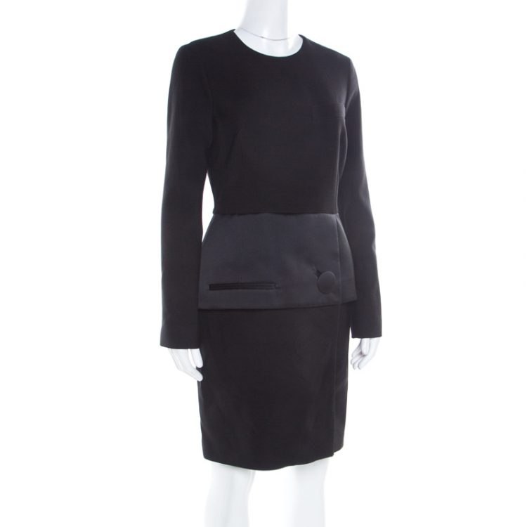 Pre Owned Balenciaga Black Satin Peplum Detail Long Sleeve Dress M