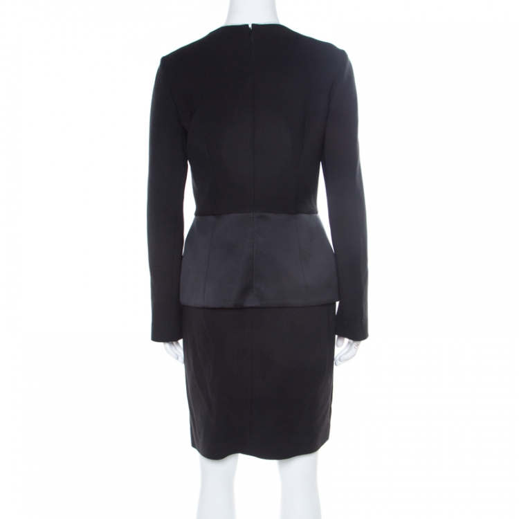 Pre Owned Balenciaga Black Satin Peplum Detail Long Sleeve Dress M