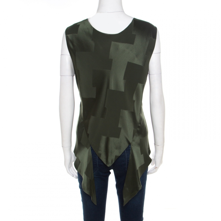 Pre Owned Balenciaga Olive Green Satin Jacquard Back Tie Detail Sleeveless Top S