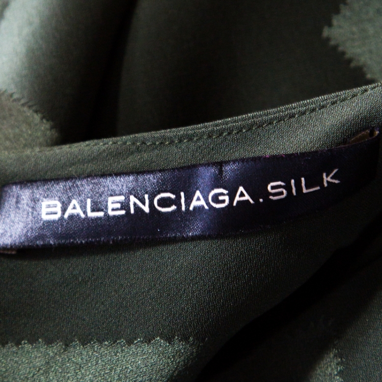 Pre Owned Balenciaga Olive Green Satin Jacquard Back Tie Detail Sleeveless Top S