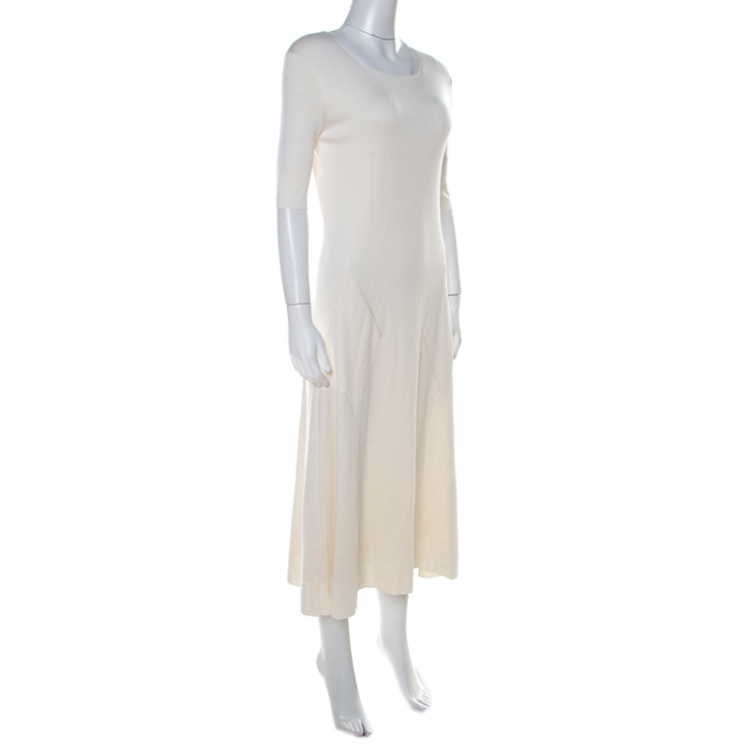 Pre Owned Balenciaga Cream Geometric Jacquard Patterned Silk Flared Midi Dress M