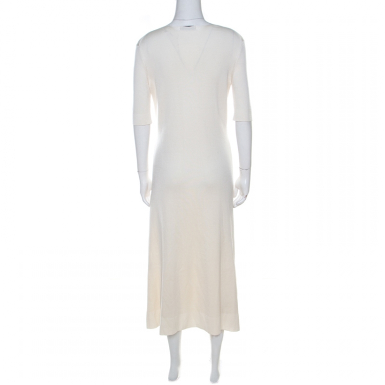 Pre Owned Balenciaga Cream Geometric Jacquard Patterned Silk Flared Midi Dress M