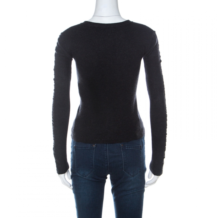 Pre Owned Balenciaga Charcoal Grey Wool Ruched Sleeve Detail Buttoned Cardigan M