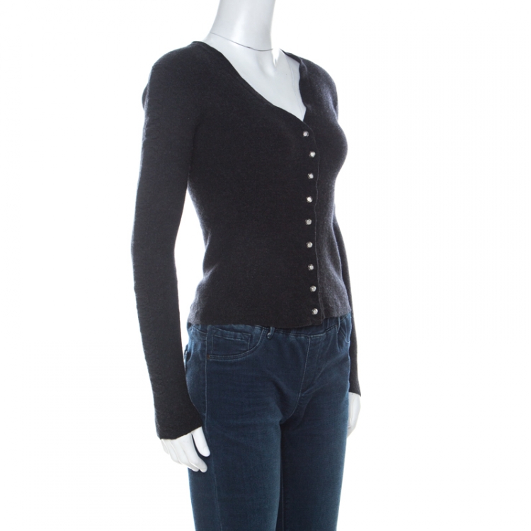 Pre Owned Balenciaga Charcoal Grey Wool Ruched Sleeve Detail Buttoned Cardigan M
