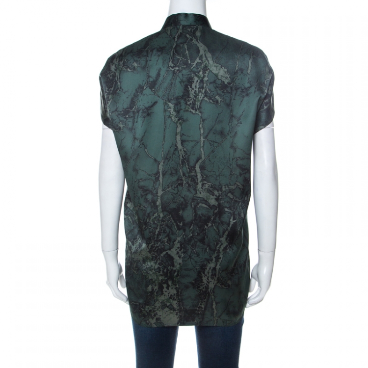 مملوكة مسبقًا Balenciaga Green Printed Mandarin Collar Cap Sleeve Button Front Shirt M