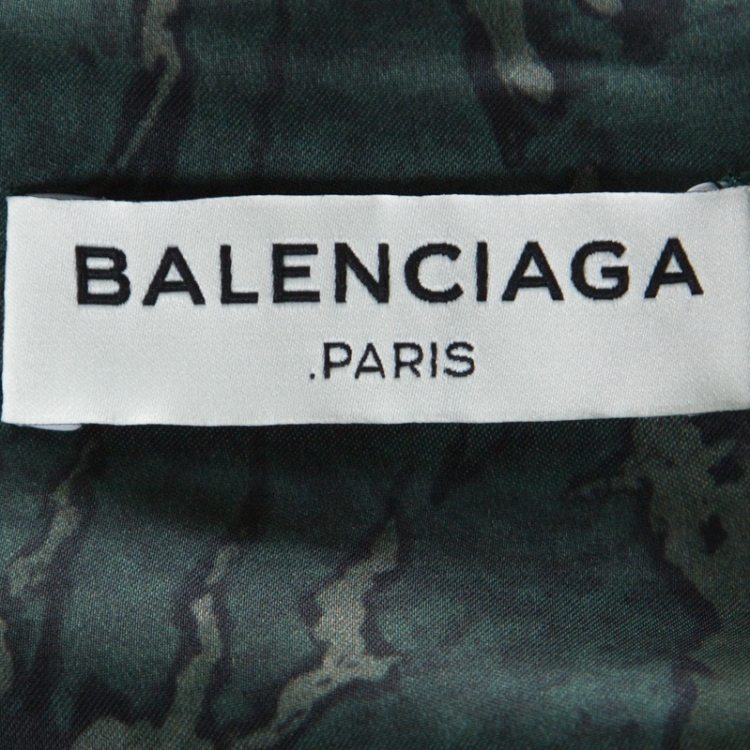 مملوكة مسبقًا Balenciaga Green Printed Mandarin Collar Cap Sleeve Button Front Shirt M