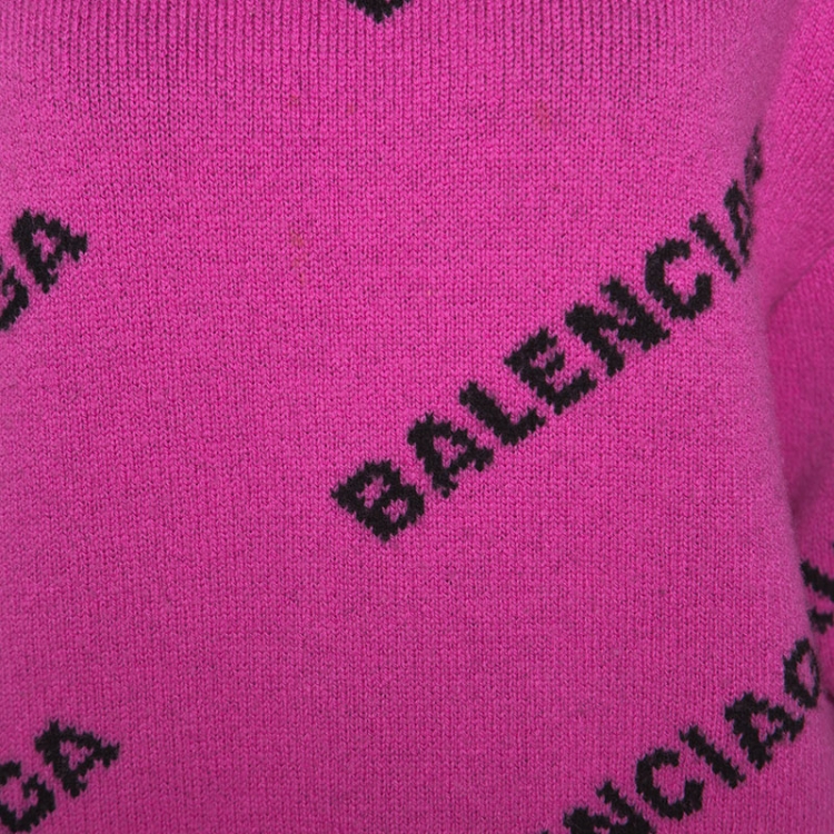 Pre Owned Balenciaga Pink Allover Logo Wool Crew Neck Sweater M