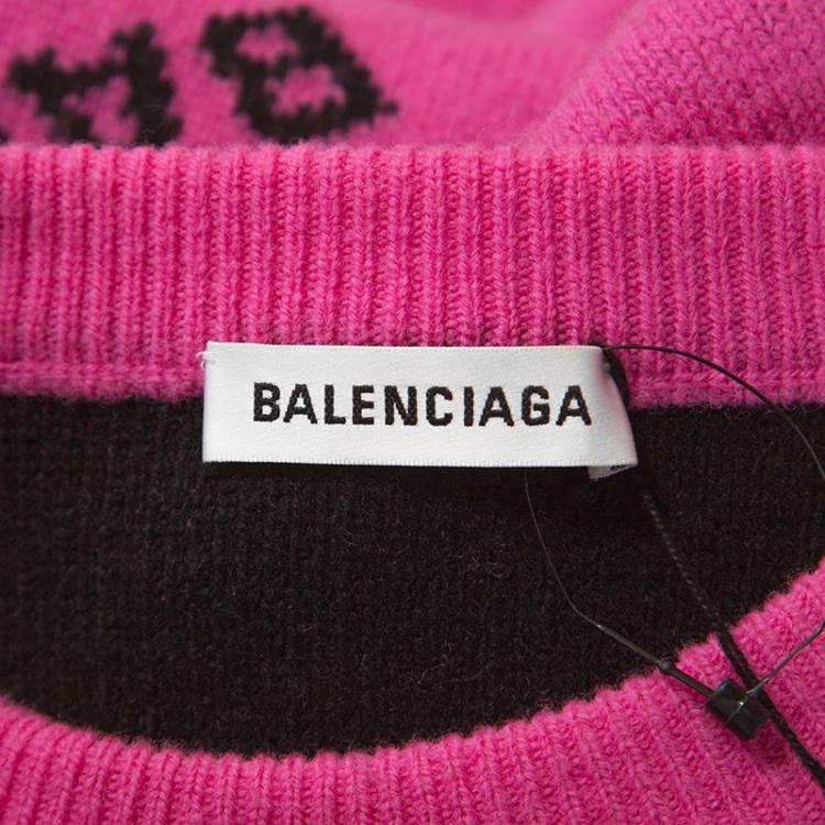 Pre Owned Balenciaga Pink Allover Logo Wool Crew Neck Sweater M