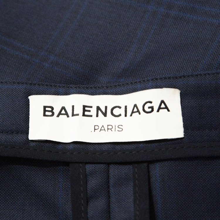 Pre Owned Balenciaga Navy Blue Checked Virgin Wool Asymmetric Mini Skirt S 