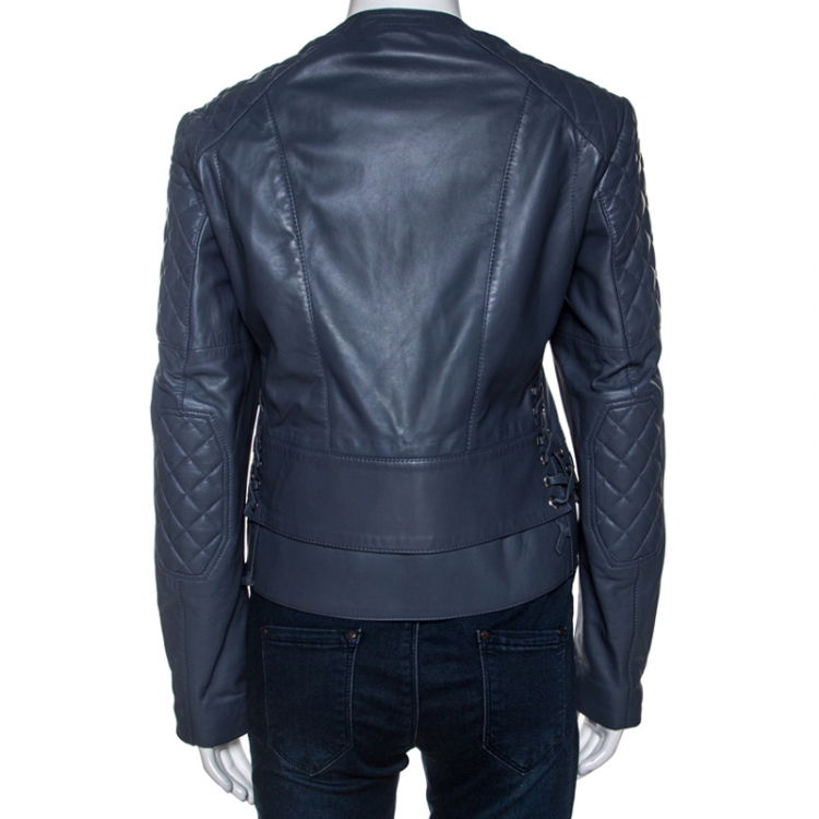 Pre Owned Balenciaga Grey Leather Quilted Detail  Zip Front Jacket M