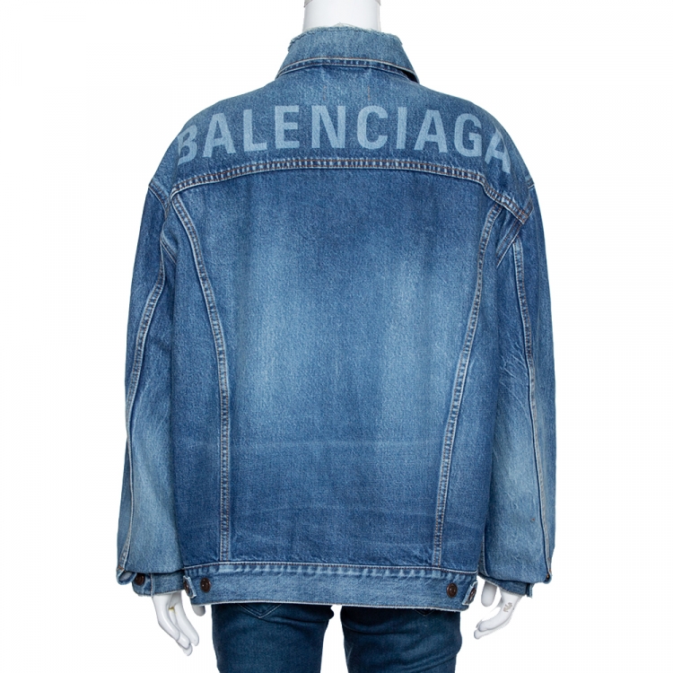 Pre Owned Balenciaga Blue Denim Logo Print Oversized Jacket M 