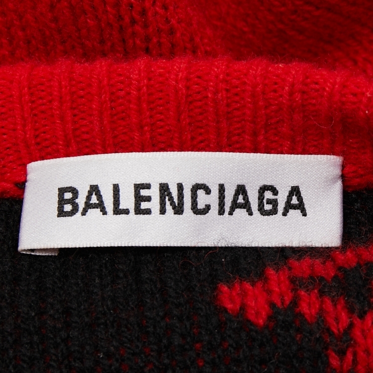 Pre Owned Balenciaga Red Logo Intarsia Knit Wool Oversized Jumper M