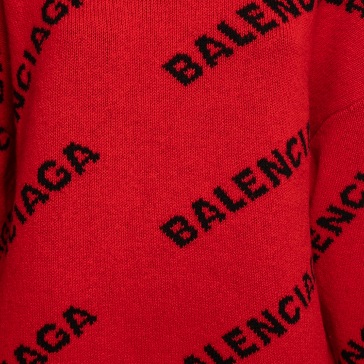 Pre Owned Balenciaga Red Logo Intarsia Knit Wool Oversized Jumper M