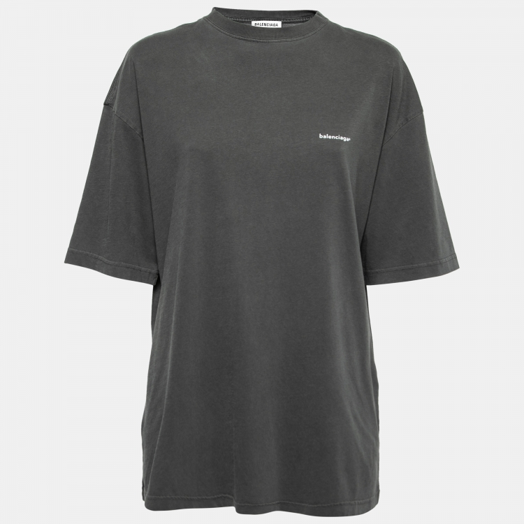 Pre Owned Balenciaga Grey Cotton Oversized Logo Printed T-Shirt S