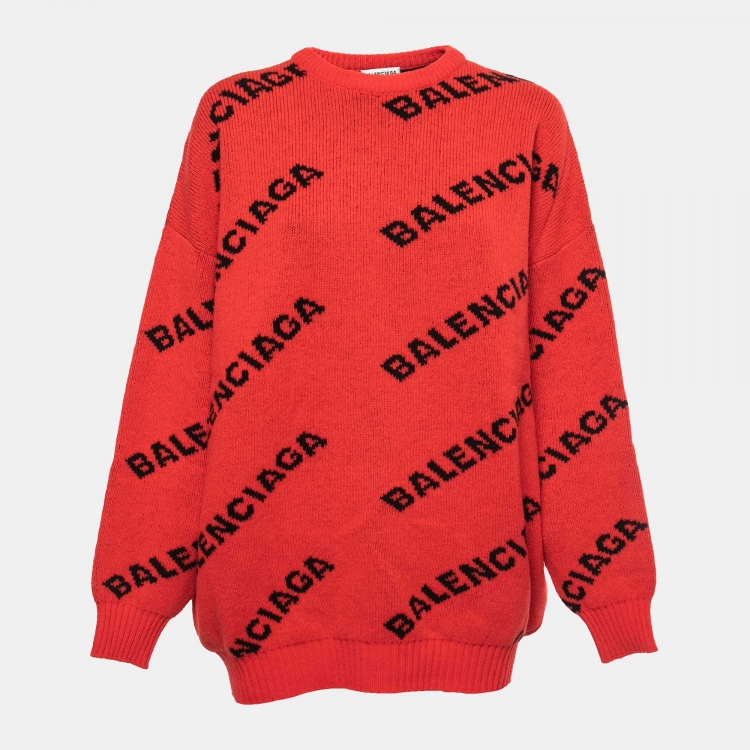 مملوكة مسبقًا Balenciaga Red All-Over Logo Patterned Wool Sweater M