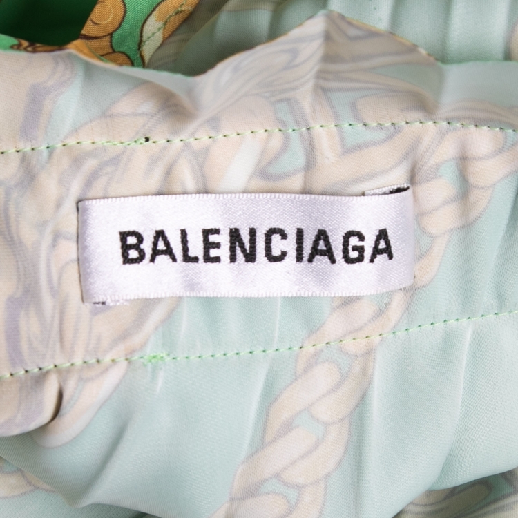 مملوكة مسبقًا Balenciaga Green Chain Printed Satin Pleated Asymmetrical Midi Skirt S