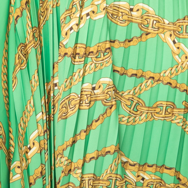 مملوكة مسبقًا Balenciaga Green Chain Printed Satin Pleated Asymmetrical Midi Skirt S