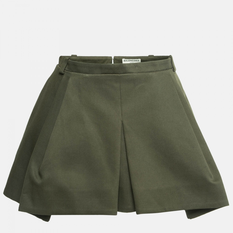 Pre Owned Balenciaga Olive Green Cotton Pleated Mini Skirt M