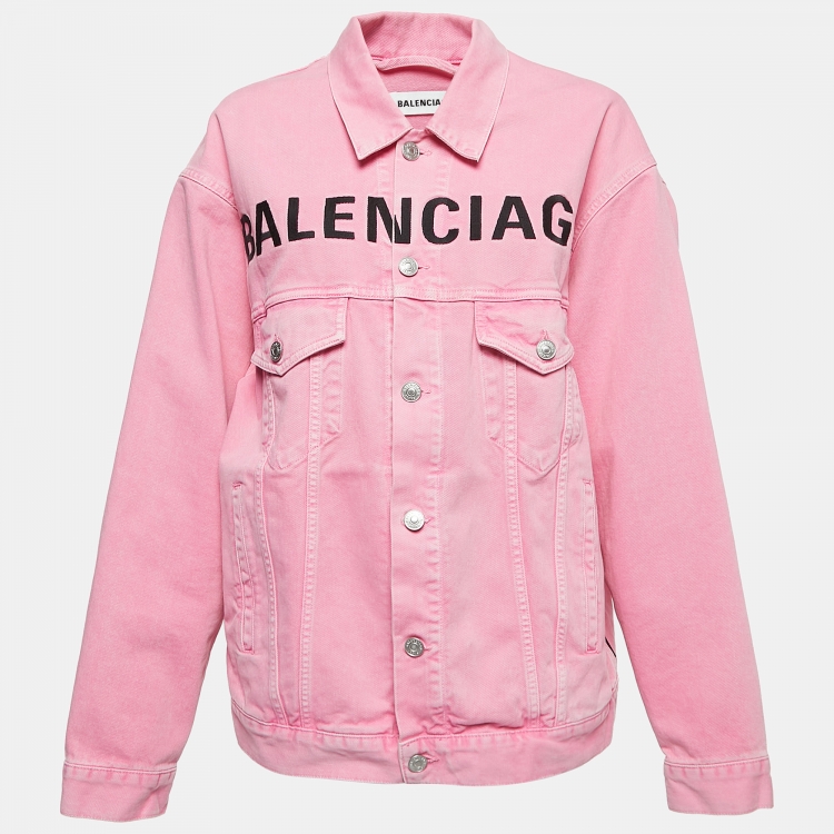 مملوكة مسبقًا Balenciaga Pink Logo Embroidered Denim Button Front Jacket S