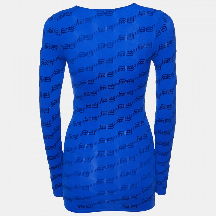 Pre Owned Balenciaga Blue Monogram Stretch Knit Top S