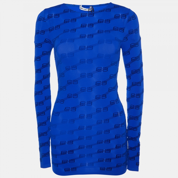 Pre Owned Balenciaga Blue Monogram Stretch Knit Top S
