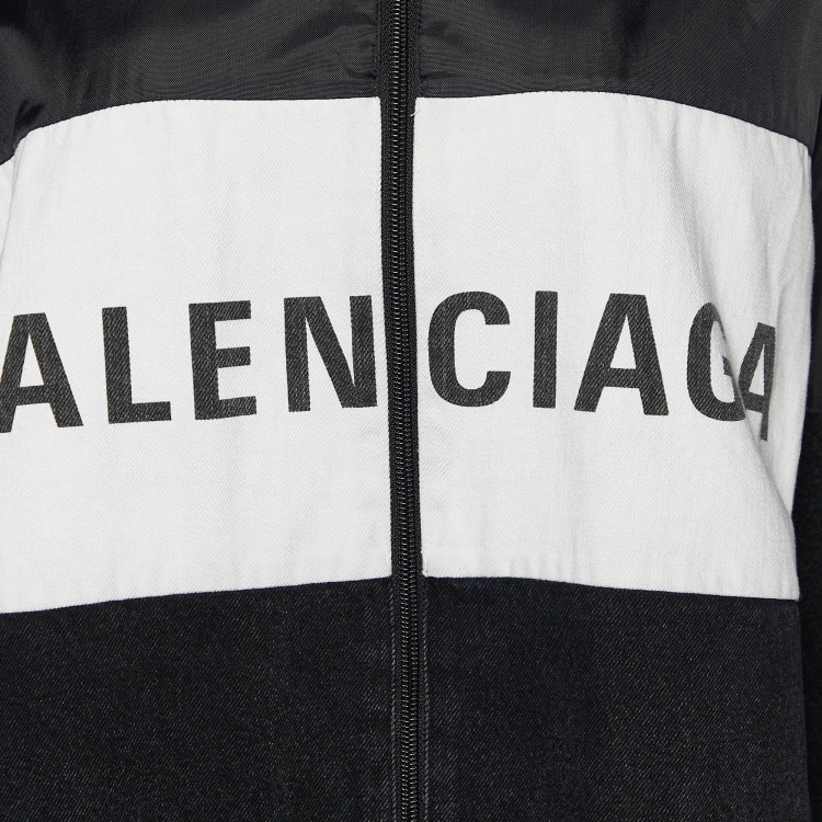 Pre Owned Balenciaga Black Logo Print Denim and Nylon Zip Front Oversized Jacket L