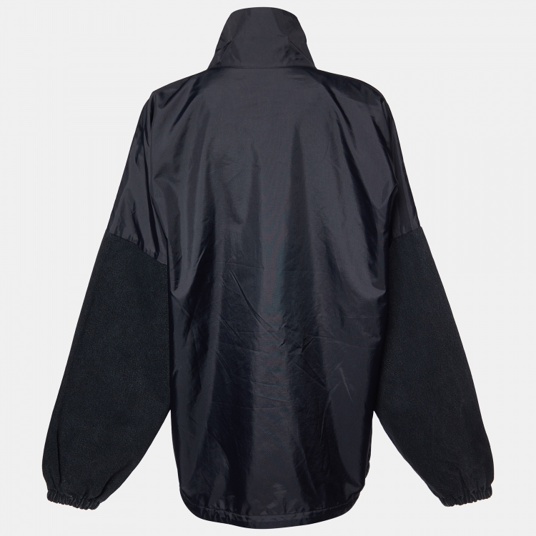 Pre Owned Balenciaga Black Logo Print Denim and Nylon Zip Front Oversized Jacket L