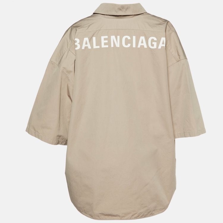Pre Owned Balenciaga Beige Cotton Logo Printed Oversized Shirt L