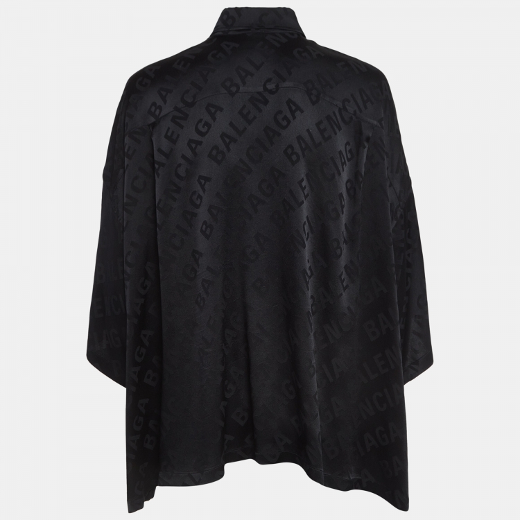 Pre Owned Balenciaga Black Logo Pattern Satin Silk Oversized Short Sleeve Shirt S