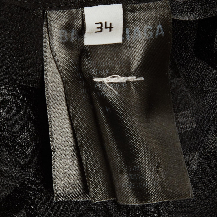 Pre Owned Balenciaga Black Logo Pattern Satin Silk Oversized Short Sleeve Shirt S