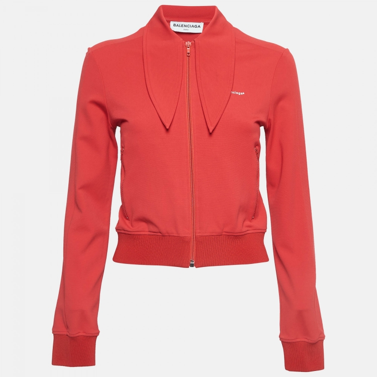 Pre Owned Balenciaga Red Logo Print Jersey Bomber Jacket M