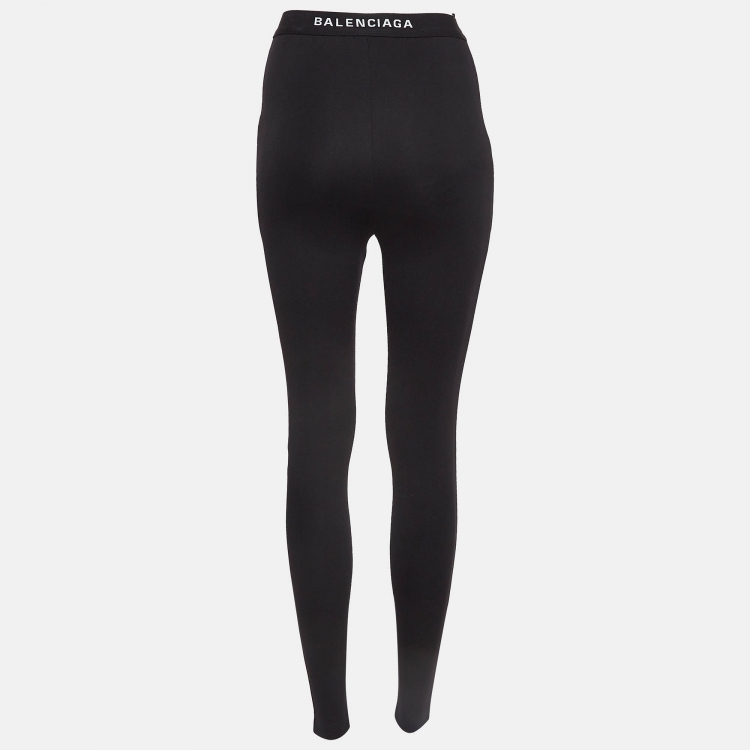 Pre Owned Balenciaga Black Stretch Knit Logo Waist Detailed Leggings S