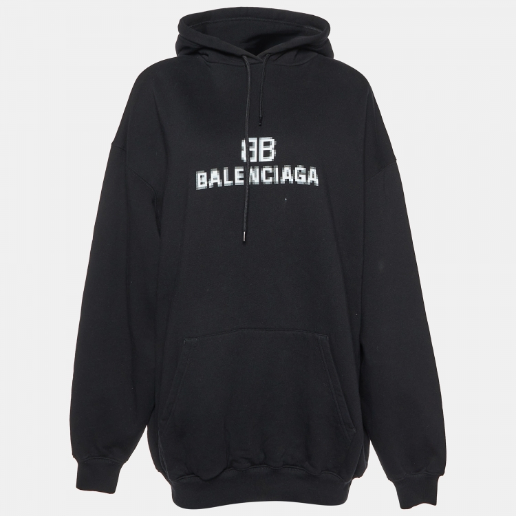 Pre Owned Balenciaga Black Logo Print Cotton Hooded Sweatshirt XS