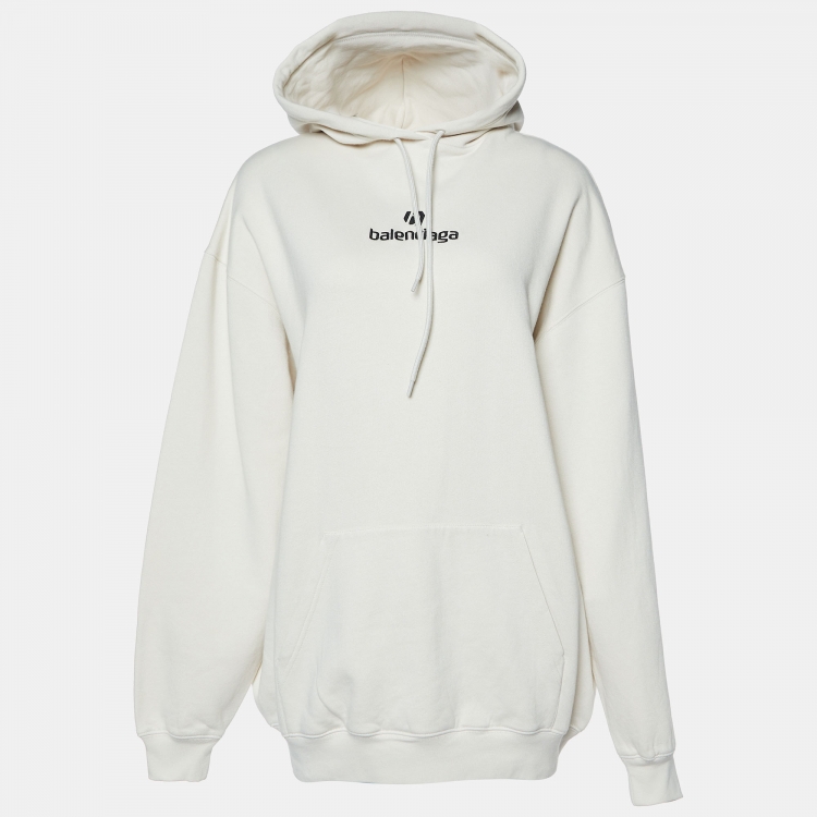 Pre Owned Balenciaga Light Beige Logo Embroidered Cotton Oversized Hoodie XS