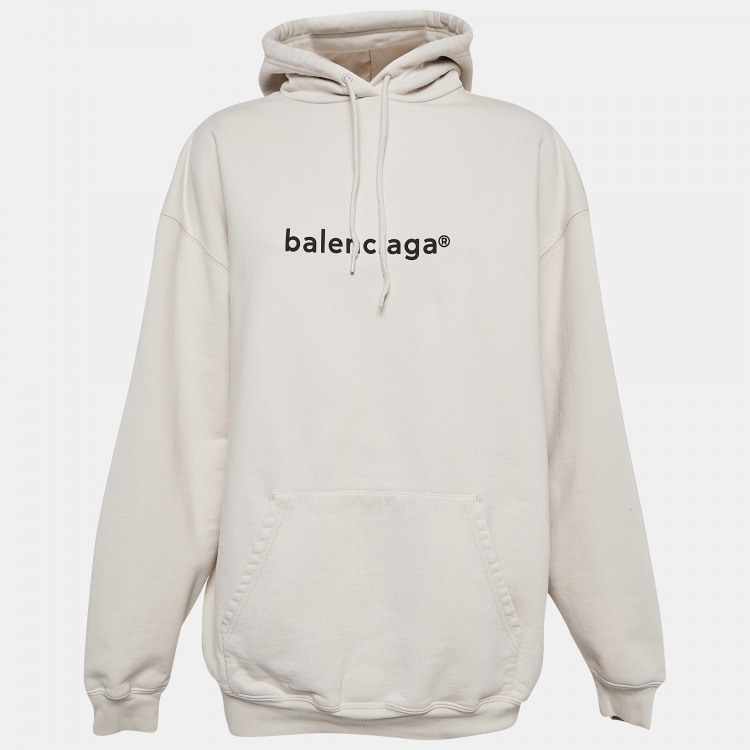 Pre Owned Balenciaga Beige Logo Print Cotton Oversized Hoodie M