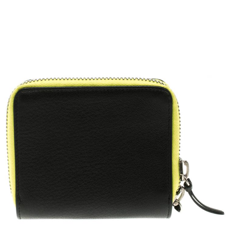 Pre Owned Balenciaga Black/Neon Green Leather Papier Zip Compact Wallet