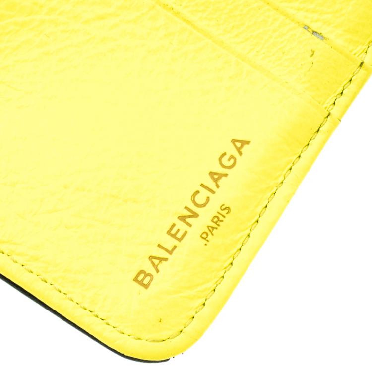 Pre Owned Balenciaga Black/Neon Green Leather Papier Zip Compact Wallet