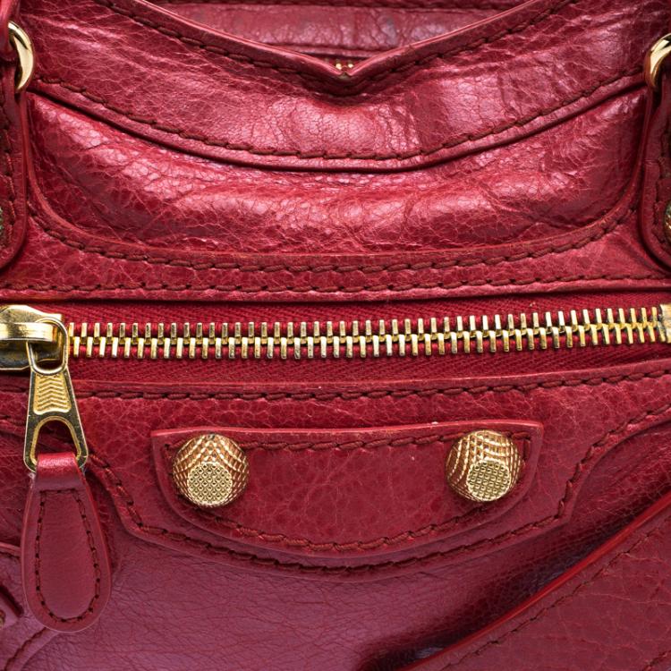 Pre Owned Balenciaga Red Leather Mini Gold Hardware City Bag