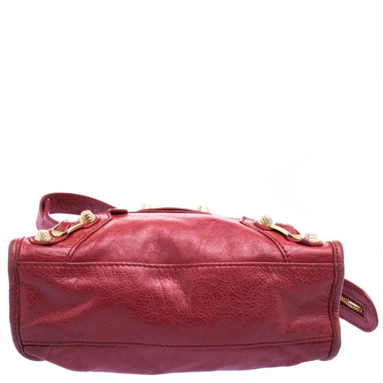 Pre Owned Balenciaga Red Leather Mini Gold Hardware City Bag
