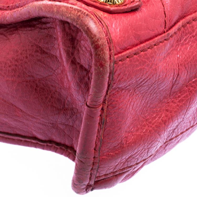 Pre Owned Balenciaga Red Leather Mini Gold Hardware City Bag