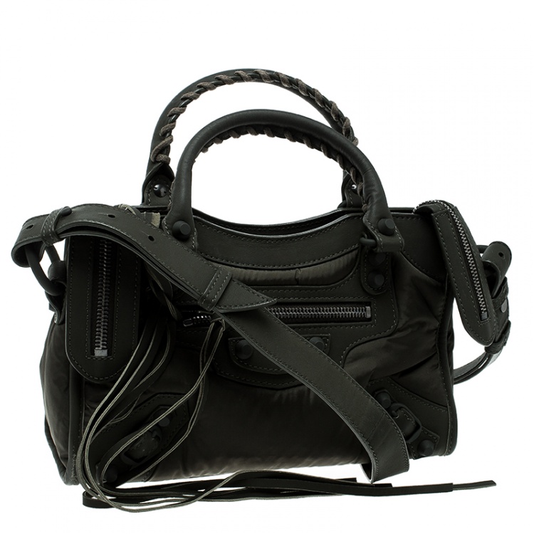 Pre Owned Balenciaga Khaki Nylon and Leather Mini Covered Hardware City Bag