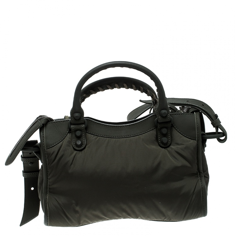 Pre Owned Balenciaga Khaki Nylon and Leather Mini Covered Hardware City Bag