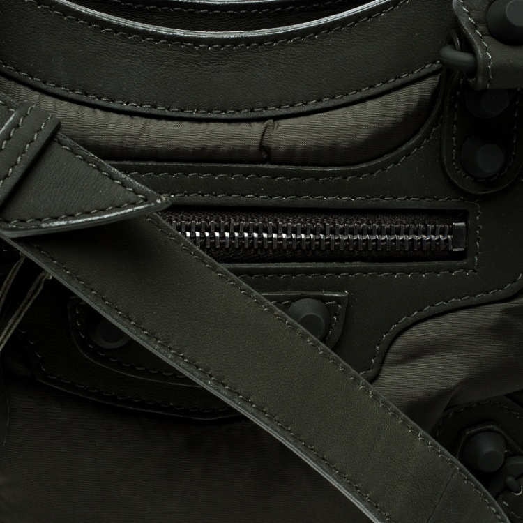 Pre Owned Balenciaga Khaki Nylon and Leather Mini Covered Hardware City Bag