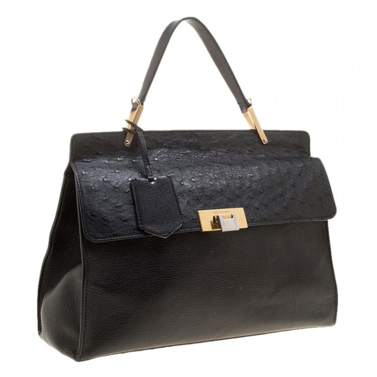Pre Owned Balenciaga Black Leather and Ostrich Le Dix Cartable Top Handle Bag