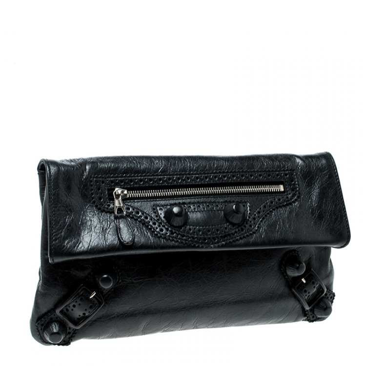 Pre Owned Balenciaga Black Leather Giant Envelope Flap Clutch