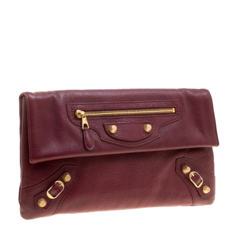 Pre Owned Balenciaga Bordeaux Leather Giant 12 Gold Hardware Envelope Clutch